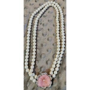 Avon KJL Vintage Two-Strand Faux Pearl Necklace Rhinestone & Pink Flower Elegant